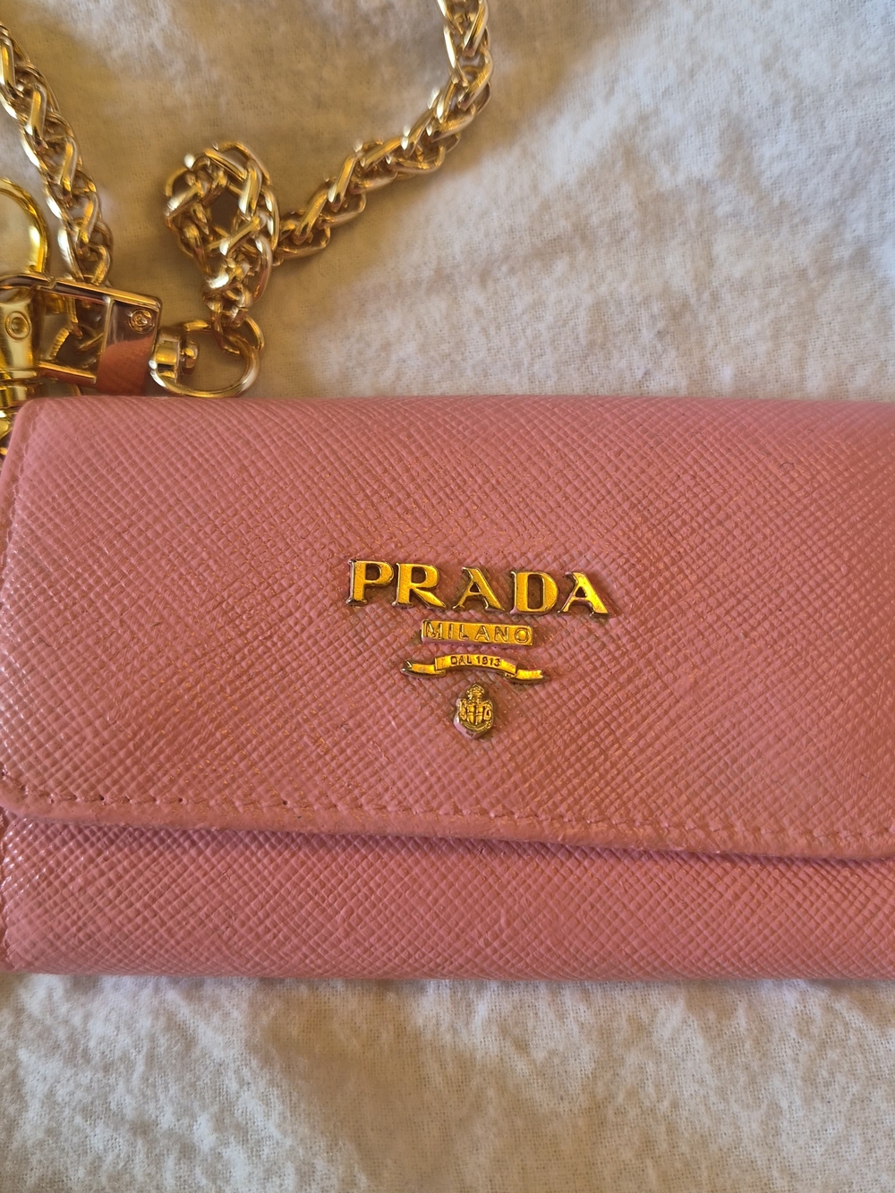 Prada Pink Saffiano Leather Chain Key/Card Wallet with Gold Hardware